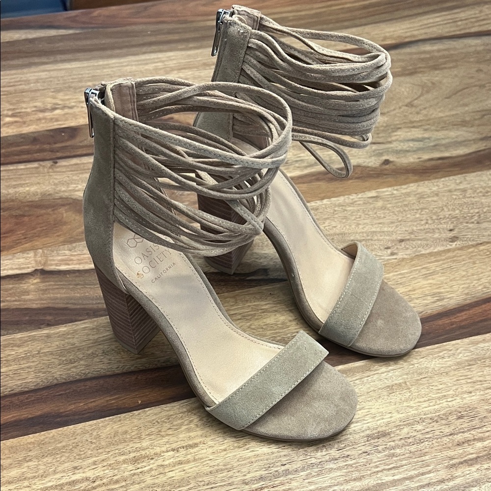 Society Tan Suede Strappy Block Heels - 6